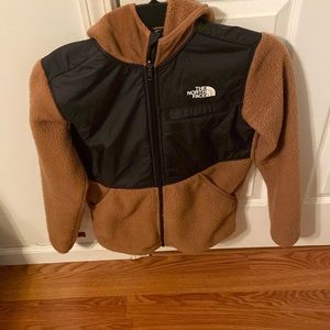 Dark tan, black and white boys northface coat